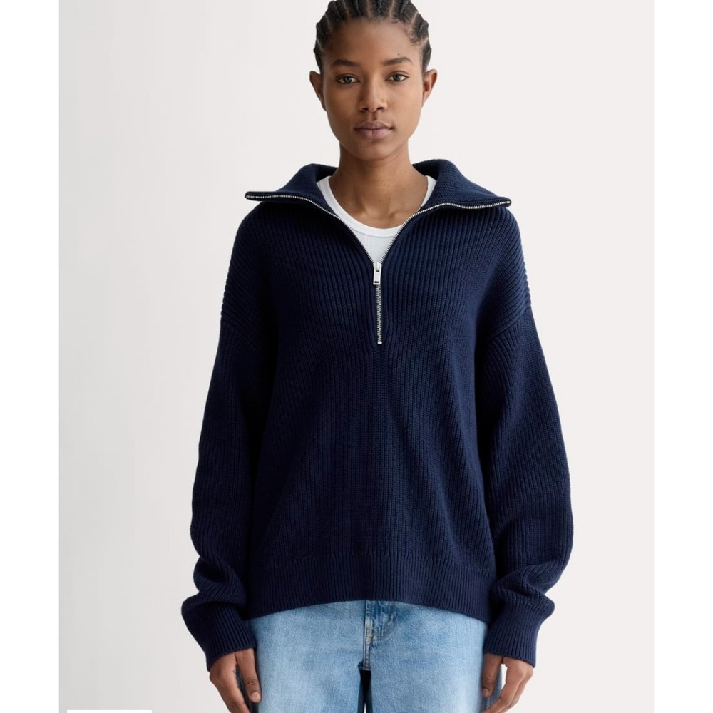 Everlane Half Zip Sweater in Everyday Cotton Navy Blue Ribbed Pullover WMS SM
